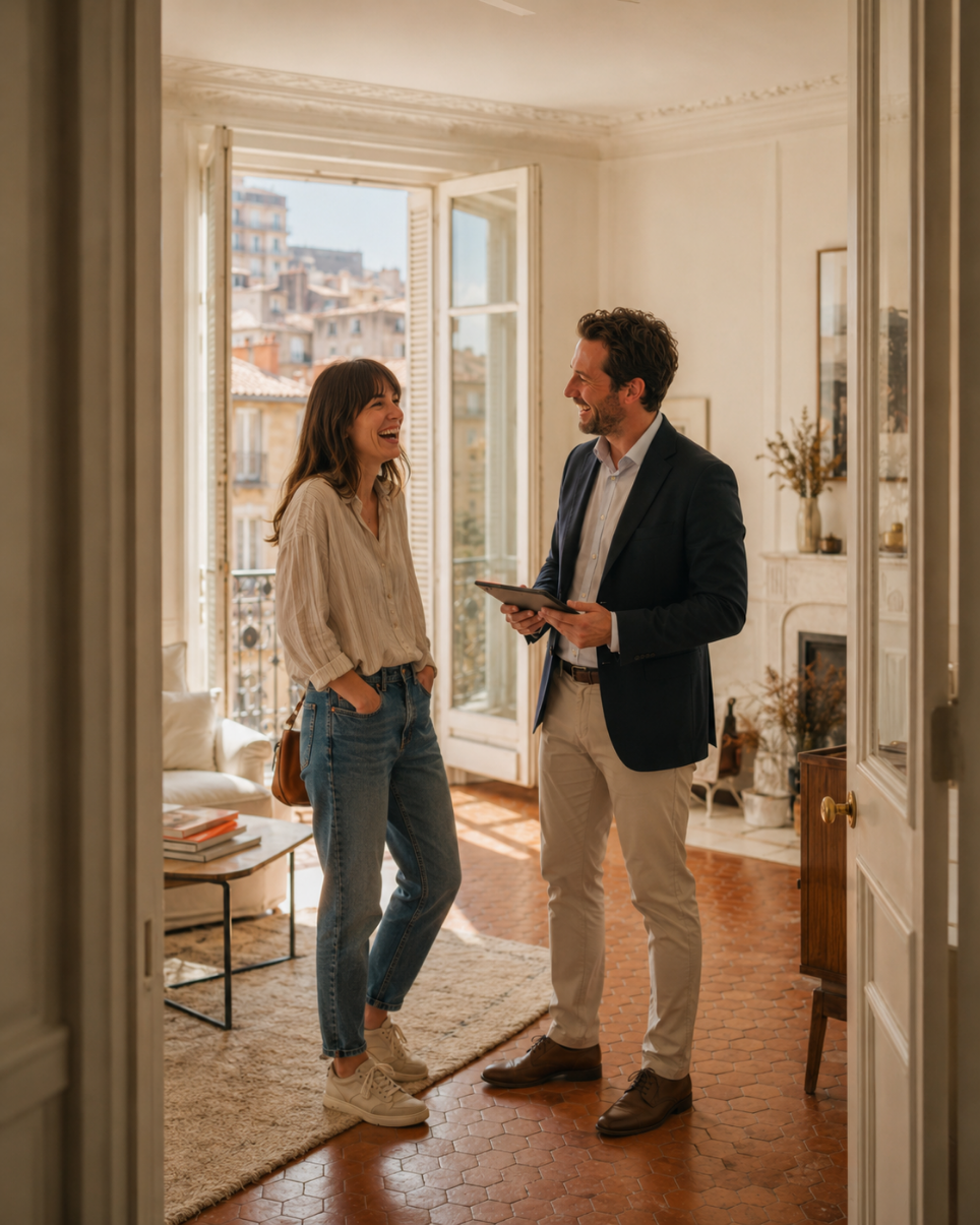 Un gestionnaire Durand Immobilier échange avec une propriétaire dans un appartement à Marseille